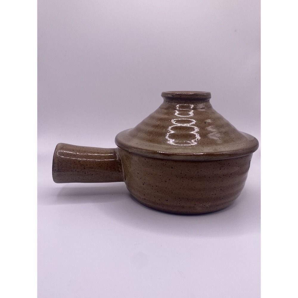 Vintage Brown Pottery Crock with Handle Vented Lid French Onion Soup Bowl